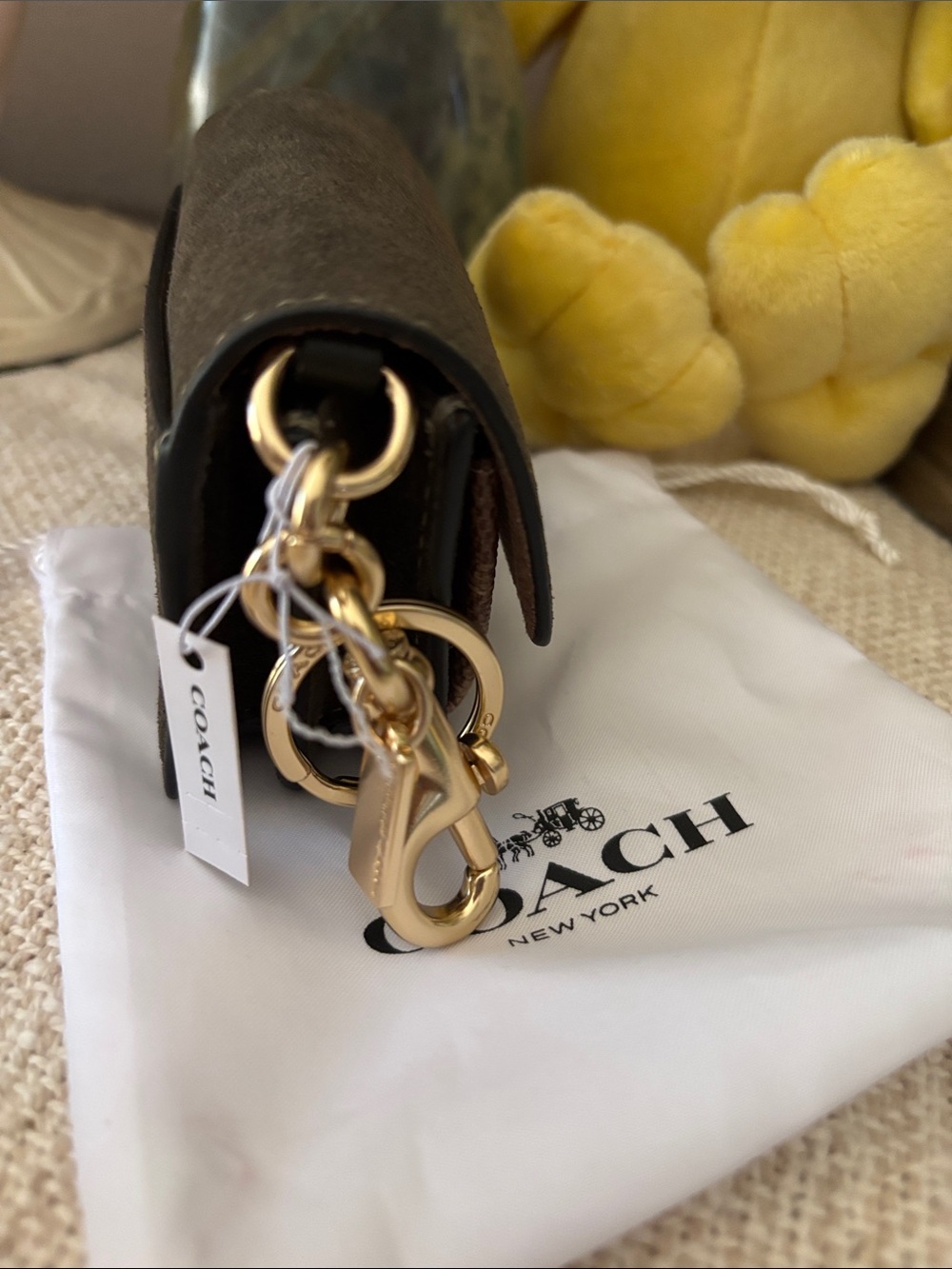 Coach Klare Bag Charm With Signature Canvas NWT Suede/Gold/Army Green/Tan - Picture 4 of 9